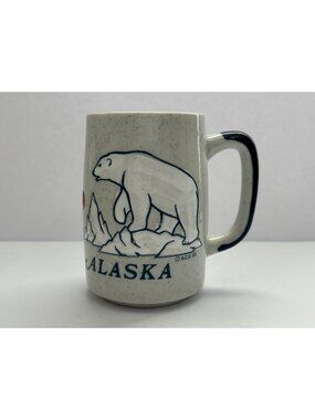 Vintage Alaska Coffee Mug Polar Bear Speckled White Blue 1983 ACE Japan Retro